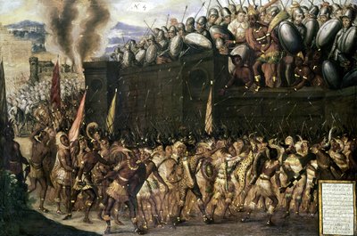 Montezuma captured by the Spaniards, pleads with the Aztecs to surrender as they attack his palace in 1520 (panel No.4) by Spanish School